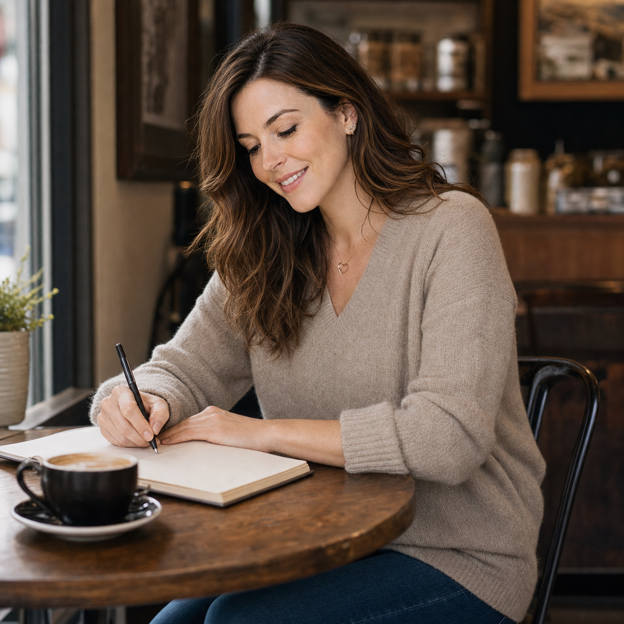 Alexi Hart writing in a cafe